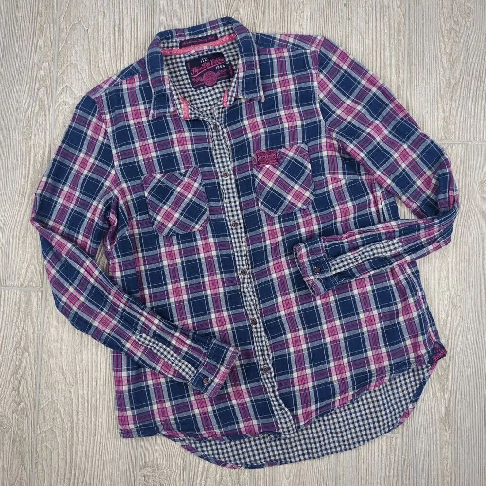 SuperDry Button Front Shirt Pink and Blue Shimmer Calamity Check Gold Thread Sz
